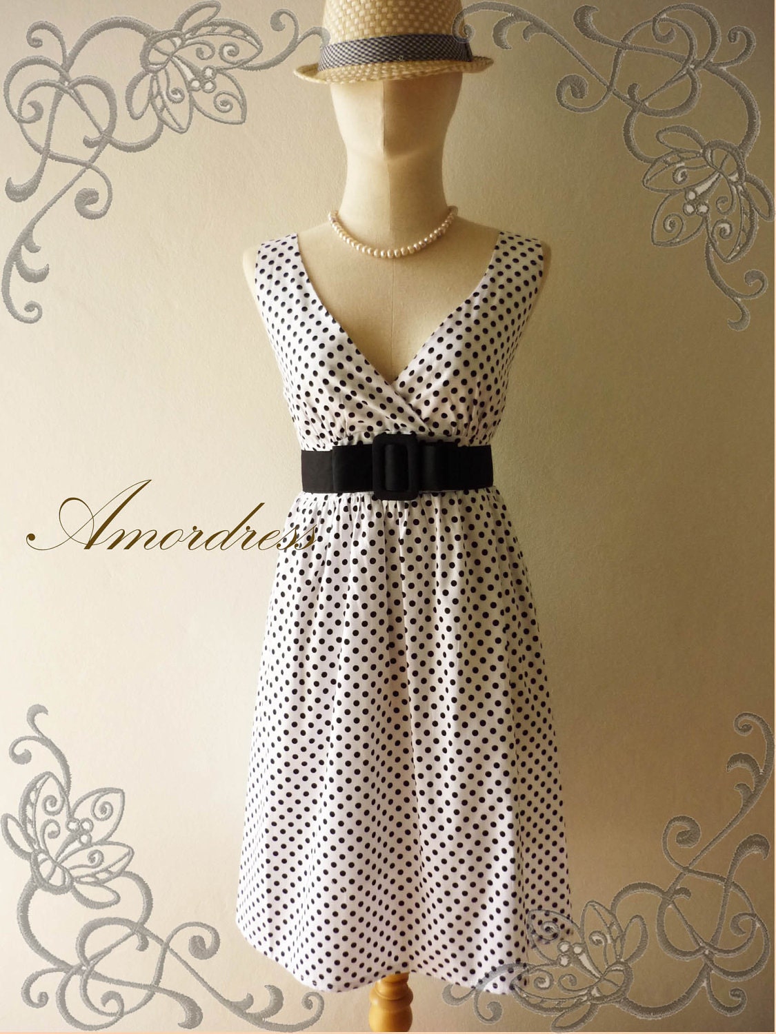 Polka Dot Love - Summer Dress Retro Tea Dress Vintage Inspired Cocktail Cotton Dress in Black and White Party or Everyday Dress -S-M-
