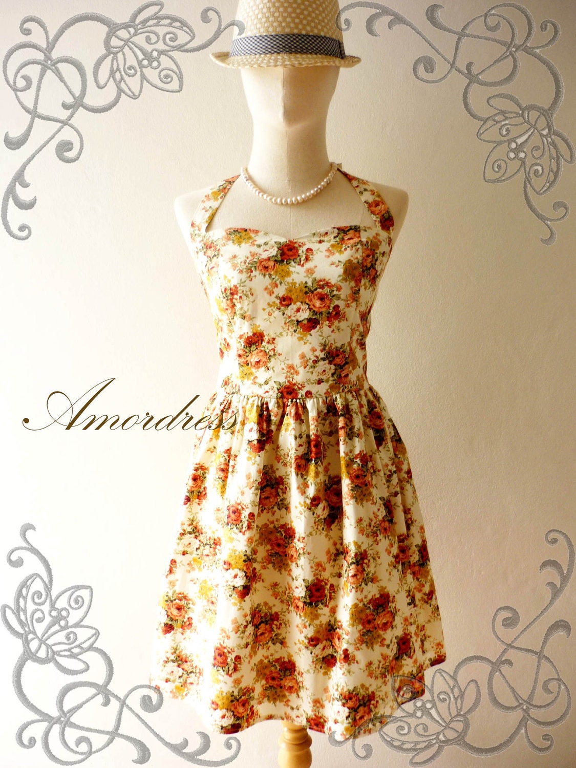 Flower Dress Amor Vintage Inspired Romantic Autumn Tangerine Rose Garden Dress Neck Tie Style - Once Upon A Time-  Size S-