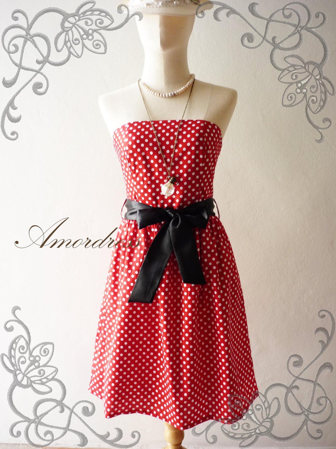 SALE TODAY--Amor Vintage Inspired- ReTrO PoLkA DoT- Strapless Cocktail Cotton Dress in Red -Xs-S-