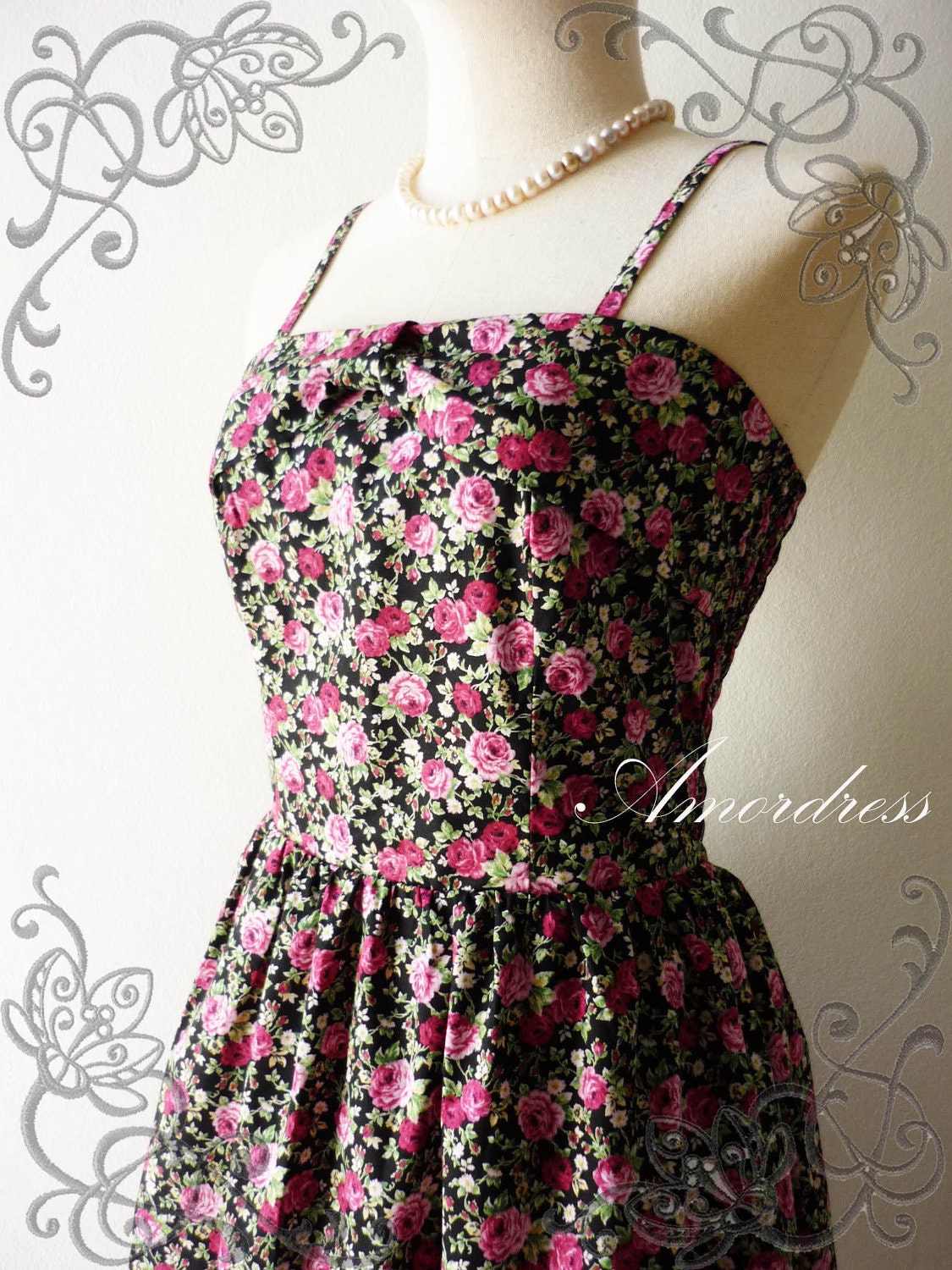 29 USD DRESS -Sale---- Amor Vintage Inspired- Flower Garden- Pink Rose Bud Sweet Halter Cotton Dress -Fit XS/S-