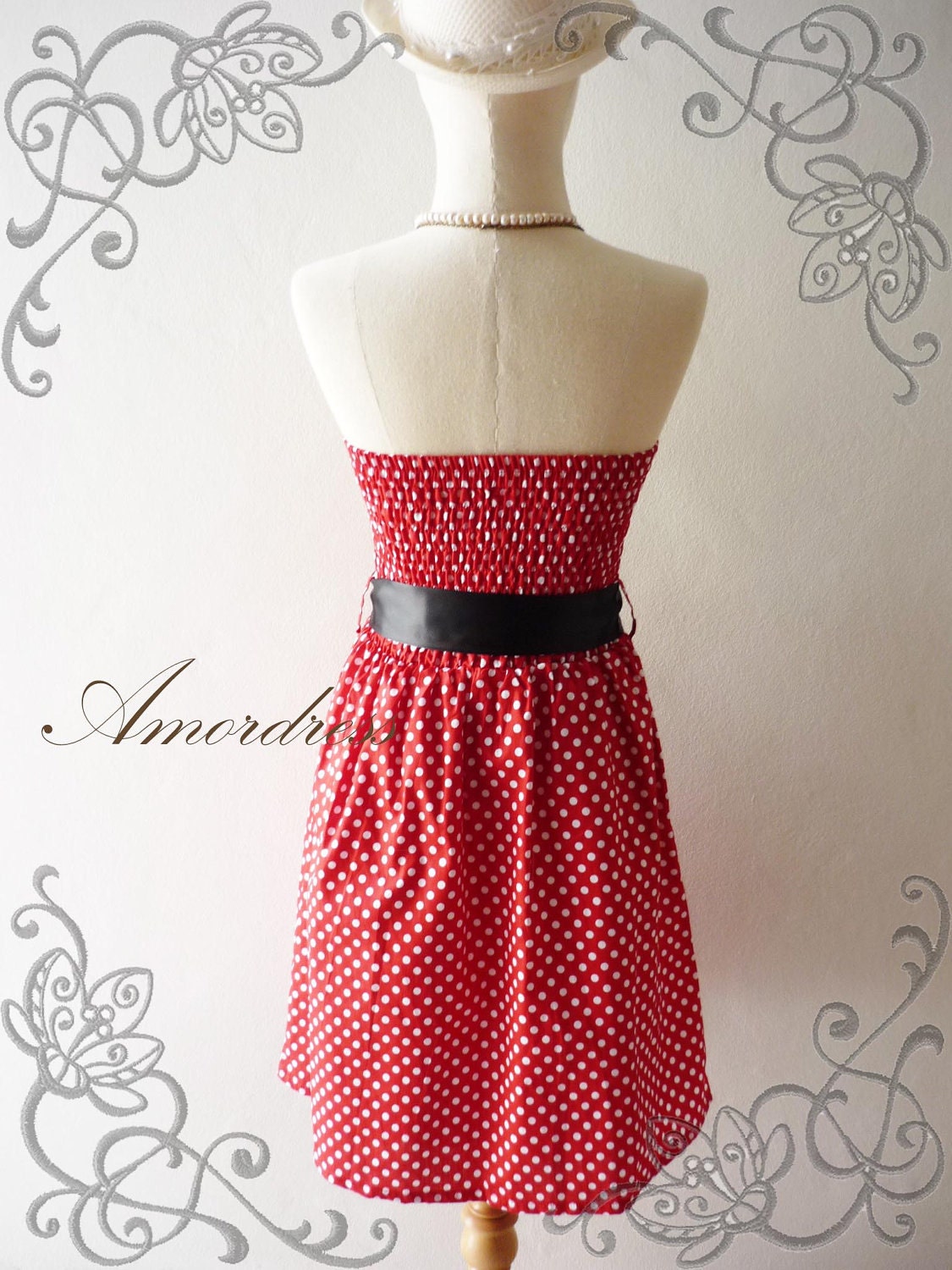 SALE TODAY--Amor Vintage Inspired- ReTrO PoLkA DoT- Strapless Cocktail Cotton Dress in Red -Xs-S-