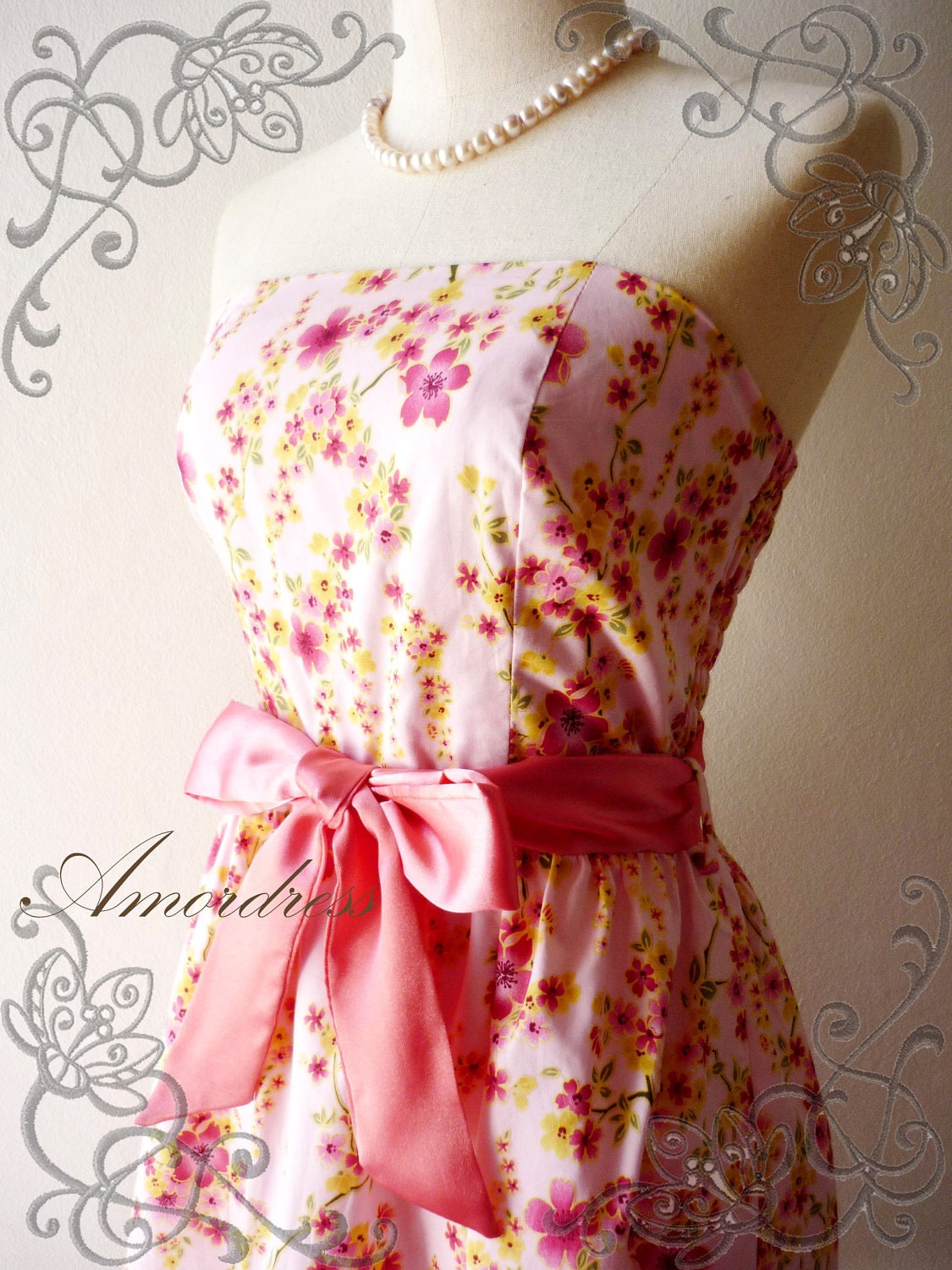 Amor Vintage Inspired- Spring Floral- Sakura Blossom Strapless Cocktail Cotton Dress in Pink Shade -XS-S-