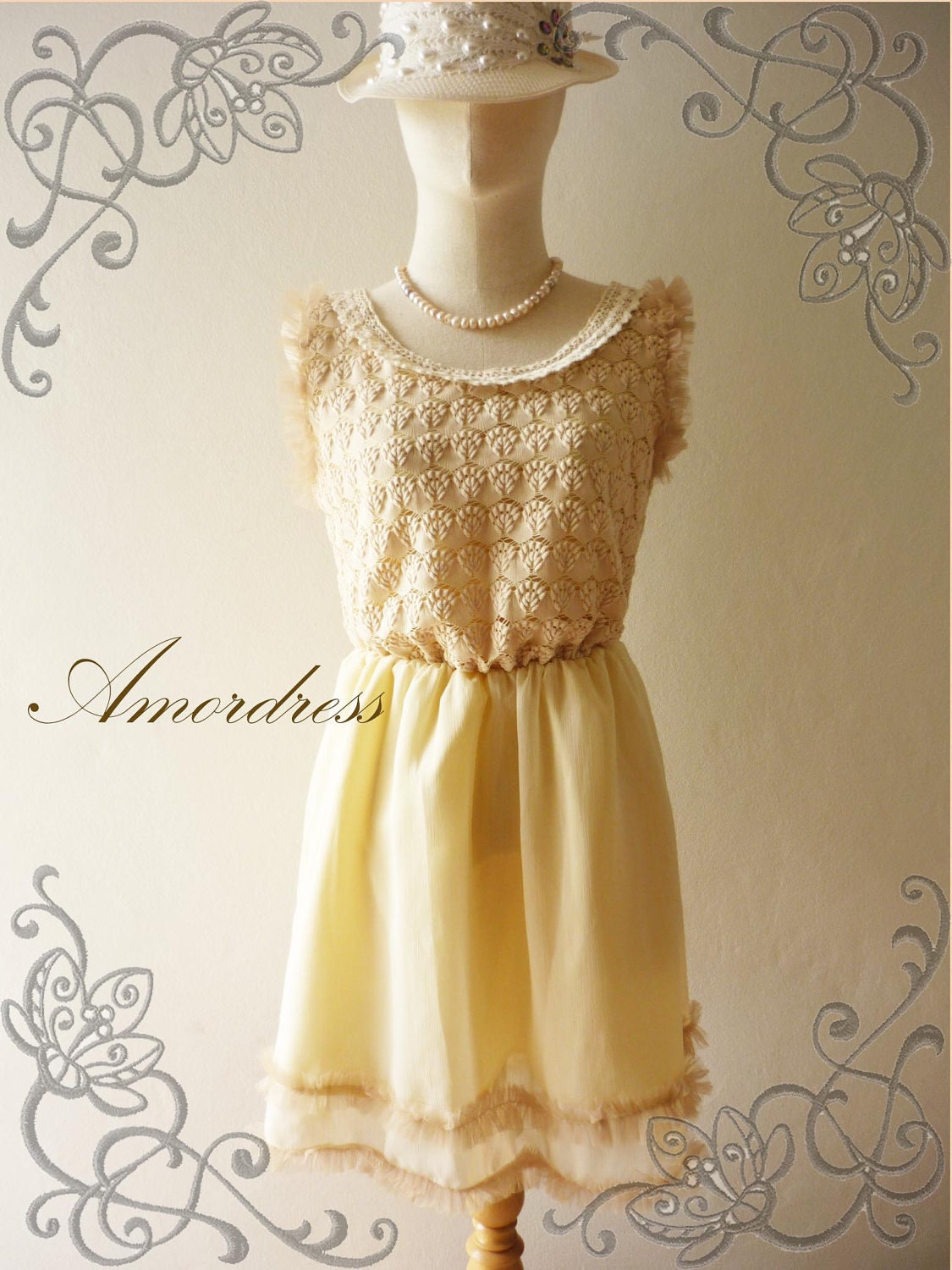SALE.. Amor Vintage Inspired Whimsical Beige Cream Vintage Lace Cocktail Sleeveless Lace Mini Dress - Princess Closet- -Fit XS-S -