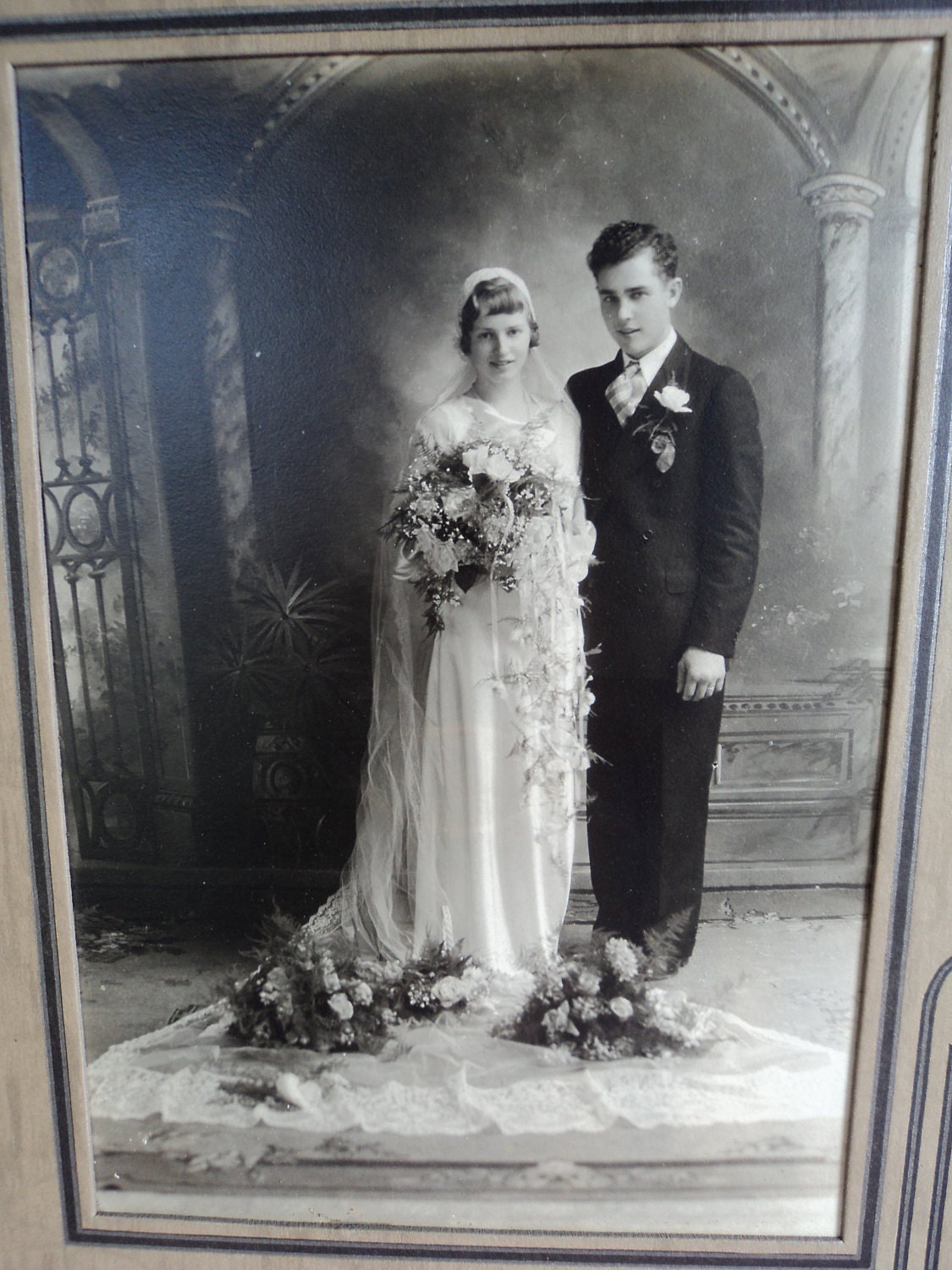 Vintage Wedding couple portrait 1920s or possibly 30s 5 by 7 picture with matting size 7x10