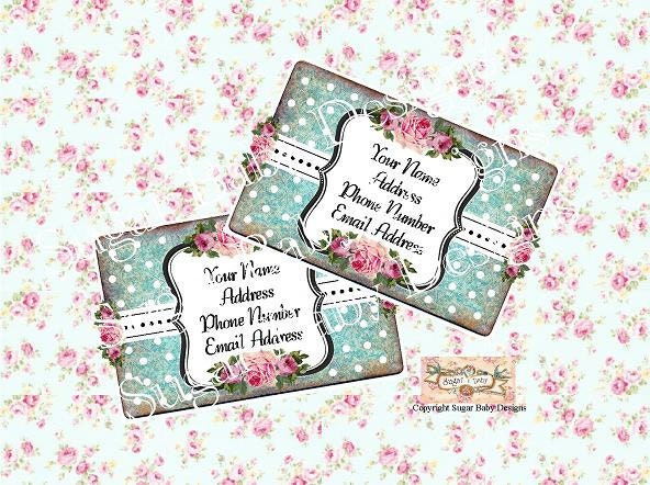 Vintage Inspired Aqua Frame Farmhouse Printable Calling Cards Business Cards Pink Roses .JPG Download Digital Sheet Images No. 287