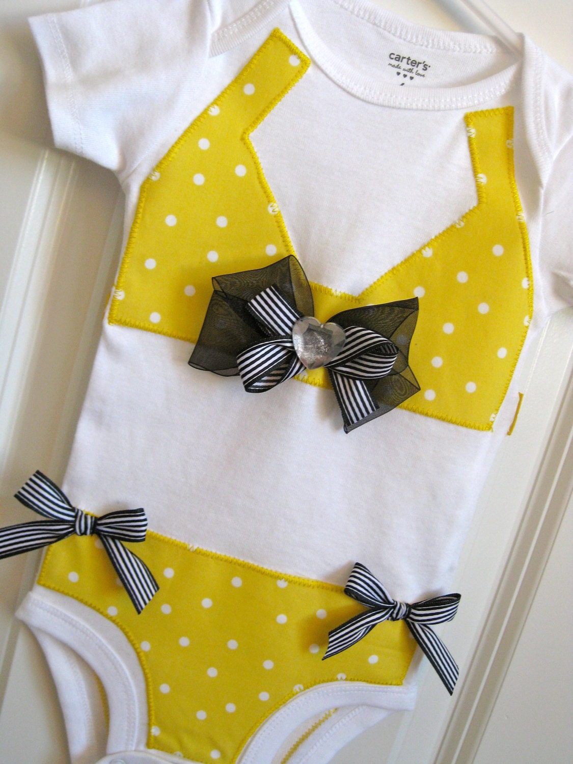 Faux Yellow Polka Dot Bikini Baby Girl Onesie Bodysuit Applique with Black Bows 3 6 9 12 months