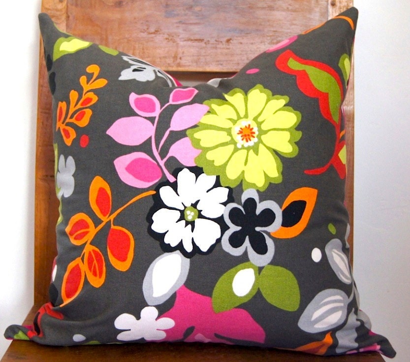 Floral Pillow Pink Chartreuse Red Grey Yellow Green Size 20x20