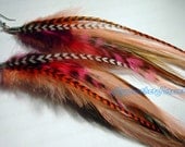 Peach brown orange grizzly  feather earrings