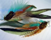 Brown teal  beige and grizzly eather earrings
