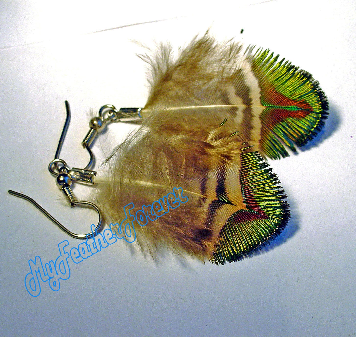 Brown iridescent green beige short peacock feather earrings