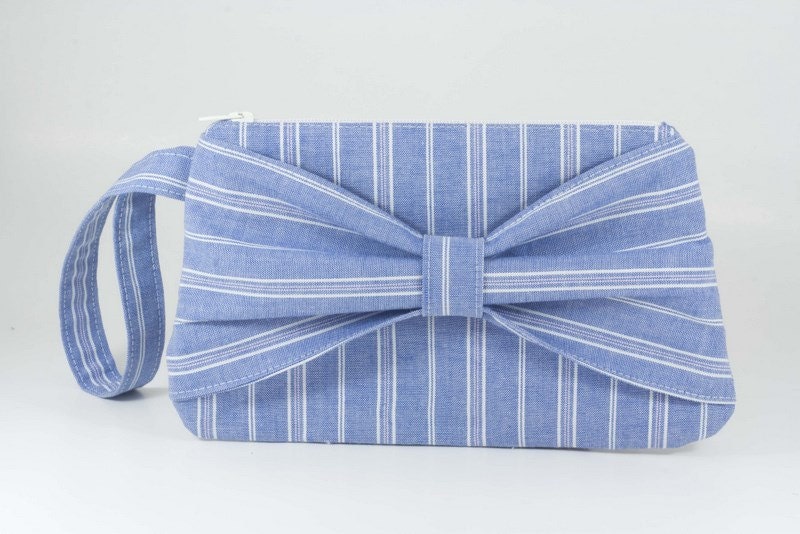Bow Clutch, Blue and White Stripe