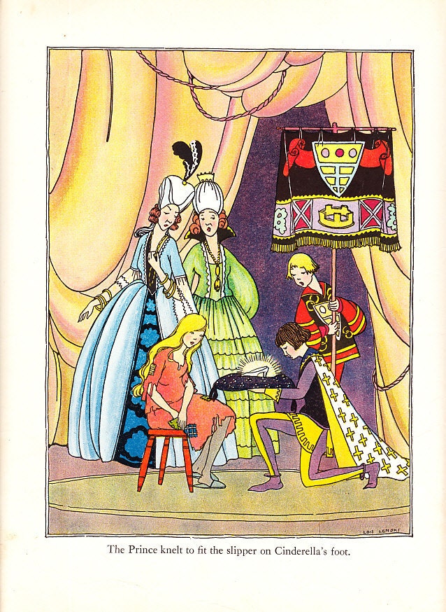 Lot of 7 vintage book pages with color and black and white Cinderella illustrations from 1933