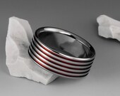 Titanium Wedding Ring - Pinstripe Red Inlays