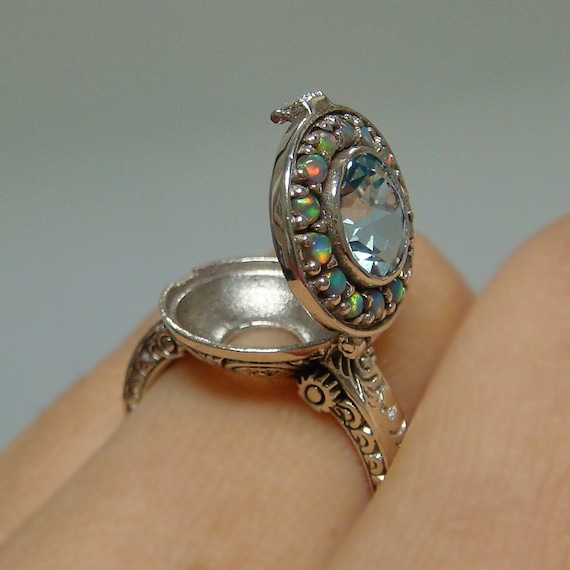 Aquamarine  Opal Poison Locket Sterling Silver .925 Ring