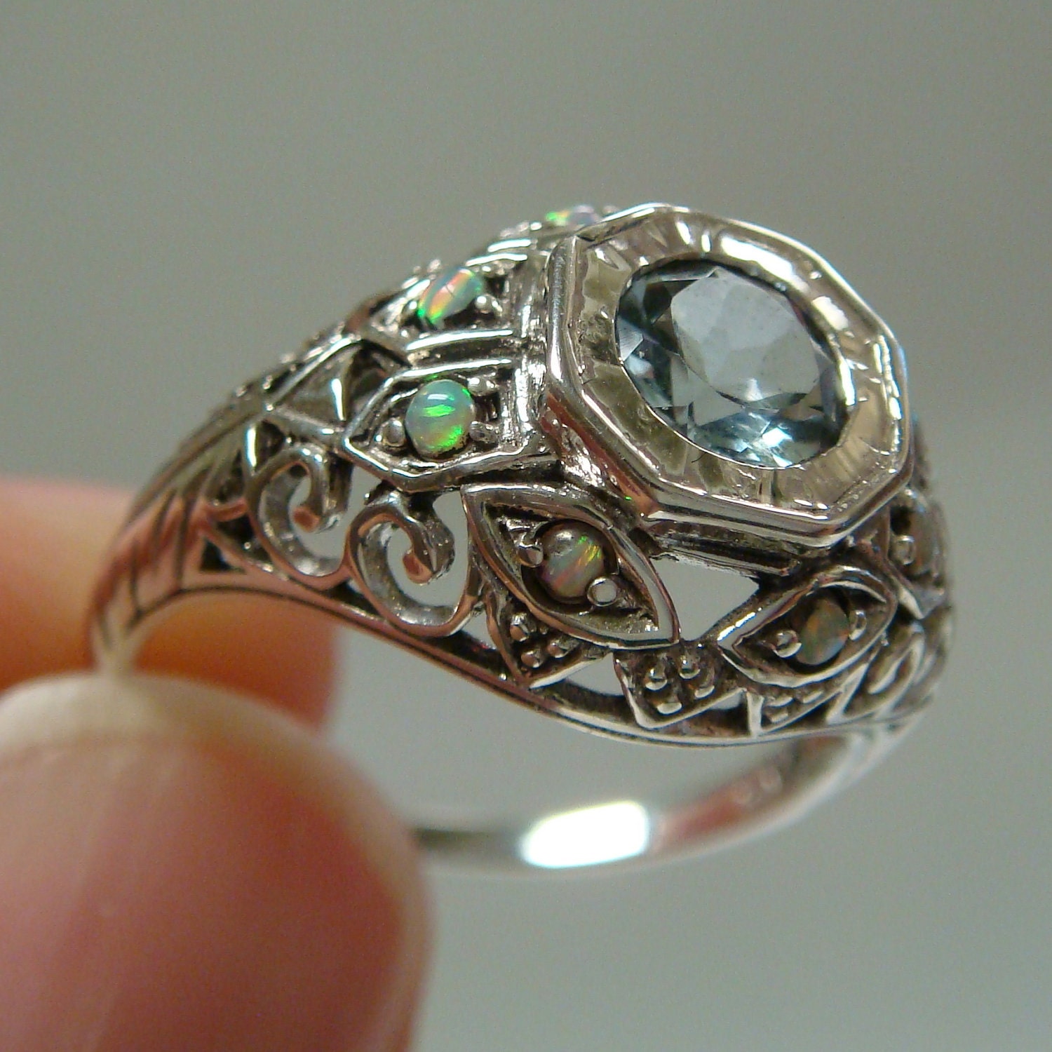 Aquamarine & Opal Filigree Sterling Silver .925 Ring
