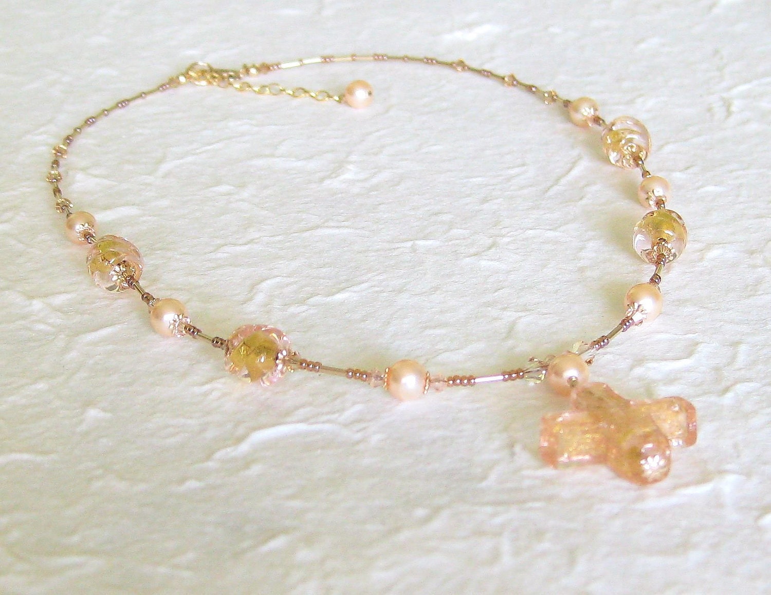 Murano Glass Peach Gold Venetian Cross Necklace, Venetian Jewelry