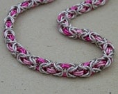 Chainmaille Necklace, Classic Byzantine Weave in Pink and Silver Jump Rings, Handmade by Lace Metal on Etsy