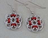 Earrings, Chainmaille, Celtic Style Helm Weave, Flower Rosette Drops in Silver and Red Jump Rings, Handmade by Lace Metal on Etsy