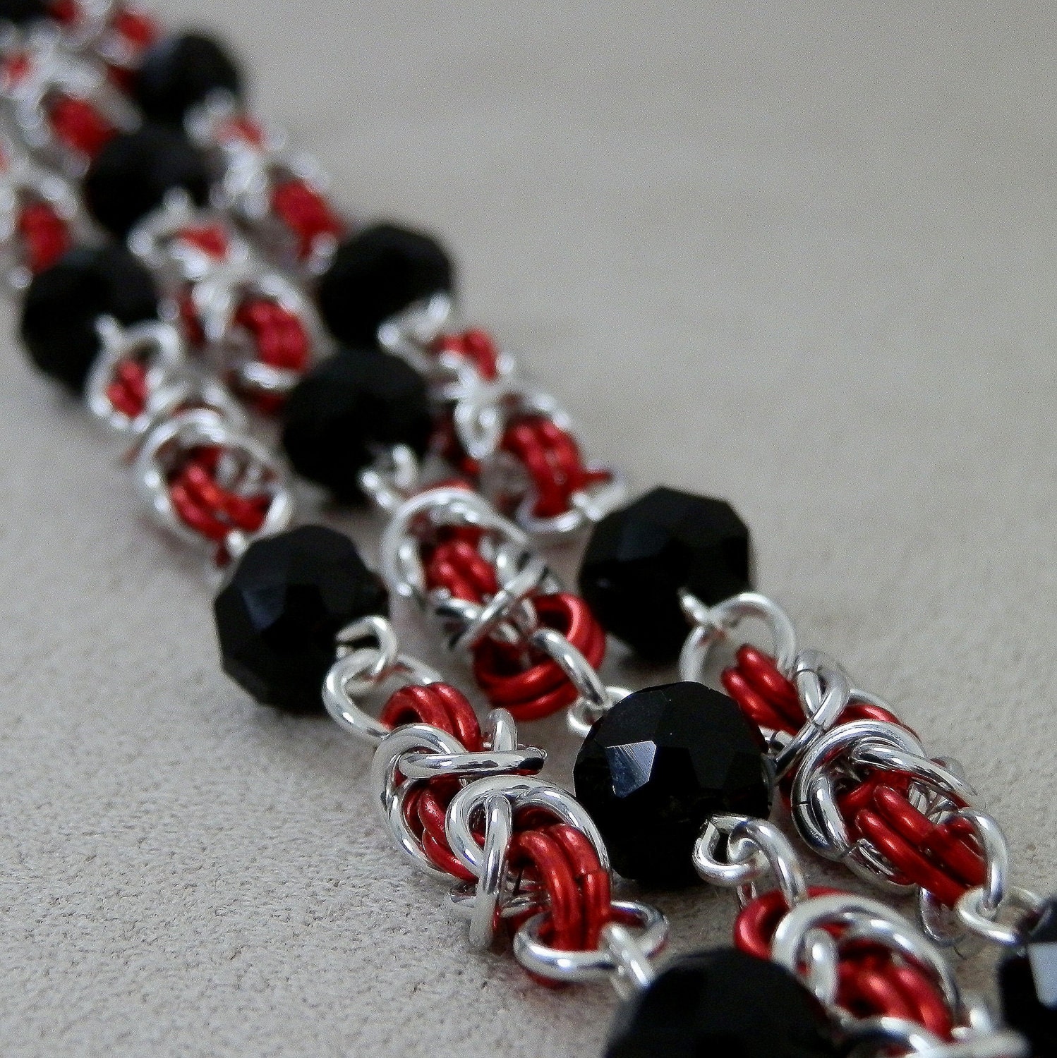 Bracelet, Chainmaille, Black Faceted Glass Beads, Classic Byzantine Weave, Handmade by Lace Metal on Etsy