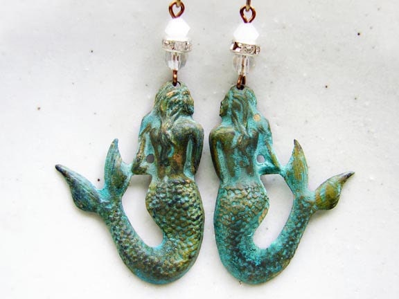 Patina Mermaid Earrings. Verdigris Charm with Swarovski Crystals. Vintage Inspired Earrings. Summer Fashion. Jewelry Under 25