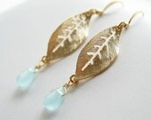 Gold Leaf Earrings with Aqua Seafoam Briolette