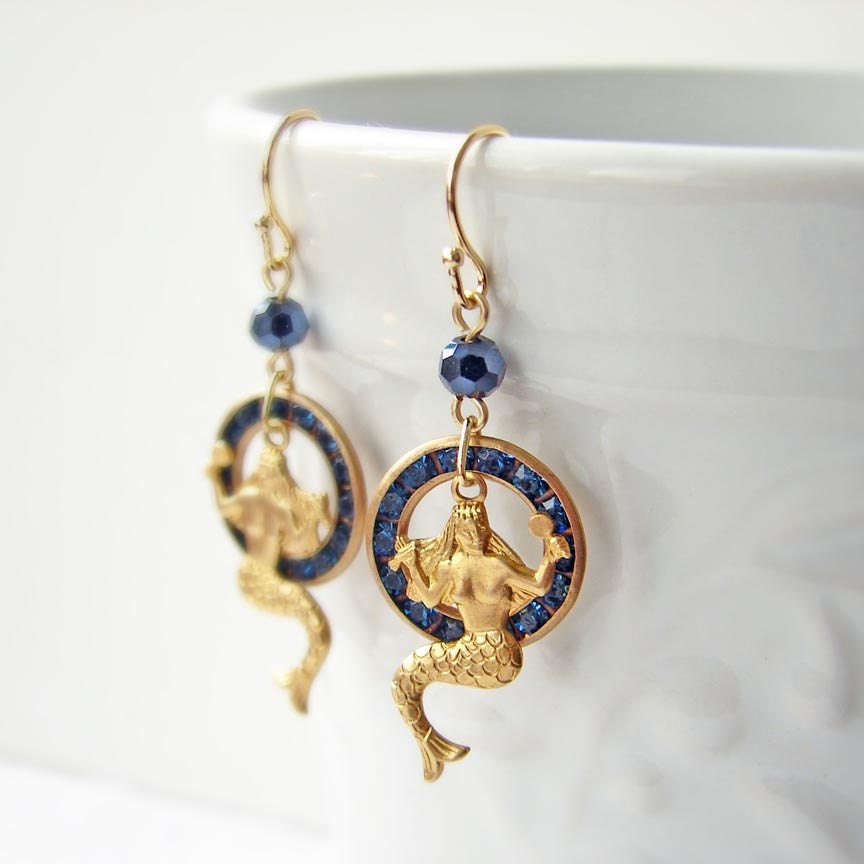 Mermaid with Montana Blue Hoop Earrings. Swarovski Hoop Earrings. Simple Modern Jewelry by smallbluethings