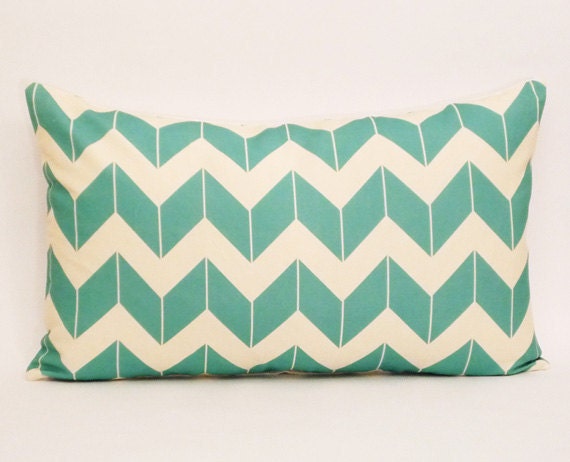 turquoise chevron pillow cover- chevron pillow cover-pillow cover-16x 26 pillow-turquoise and cream-zig zag-linen