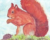 Red  Squirrel, Child, Girl, Boy, Nursery Decor - Original Watercolor Painting by ebsq Artist Ricky Martin FREE SHIPPING