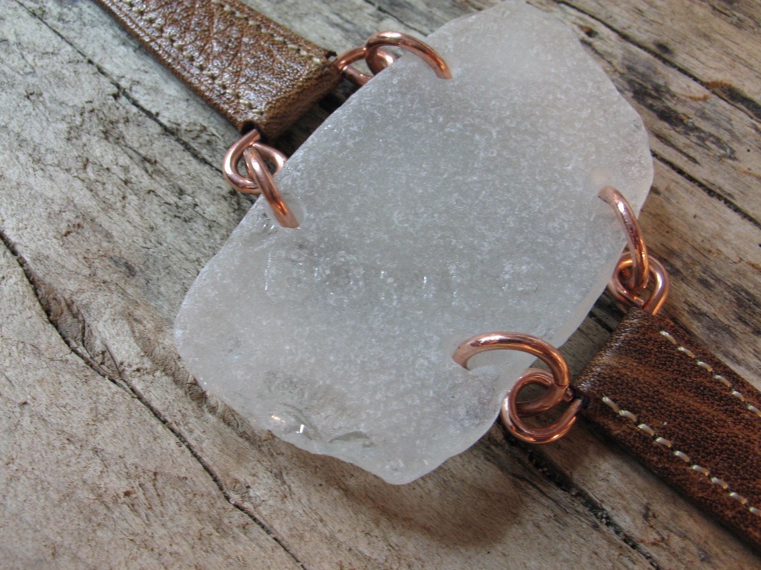 Beach Time - Surf Tumbled Sea Glass Bracelet - Frosted White & Chocolate Brown Strap