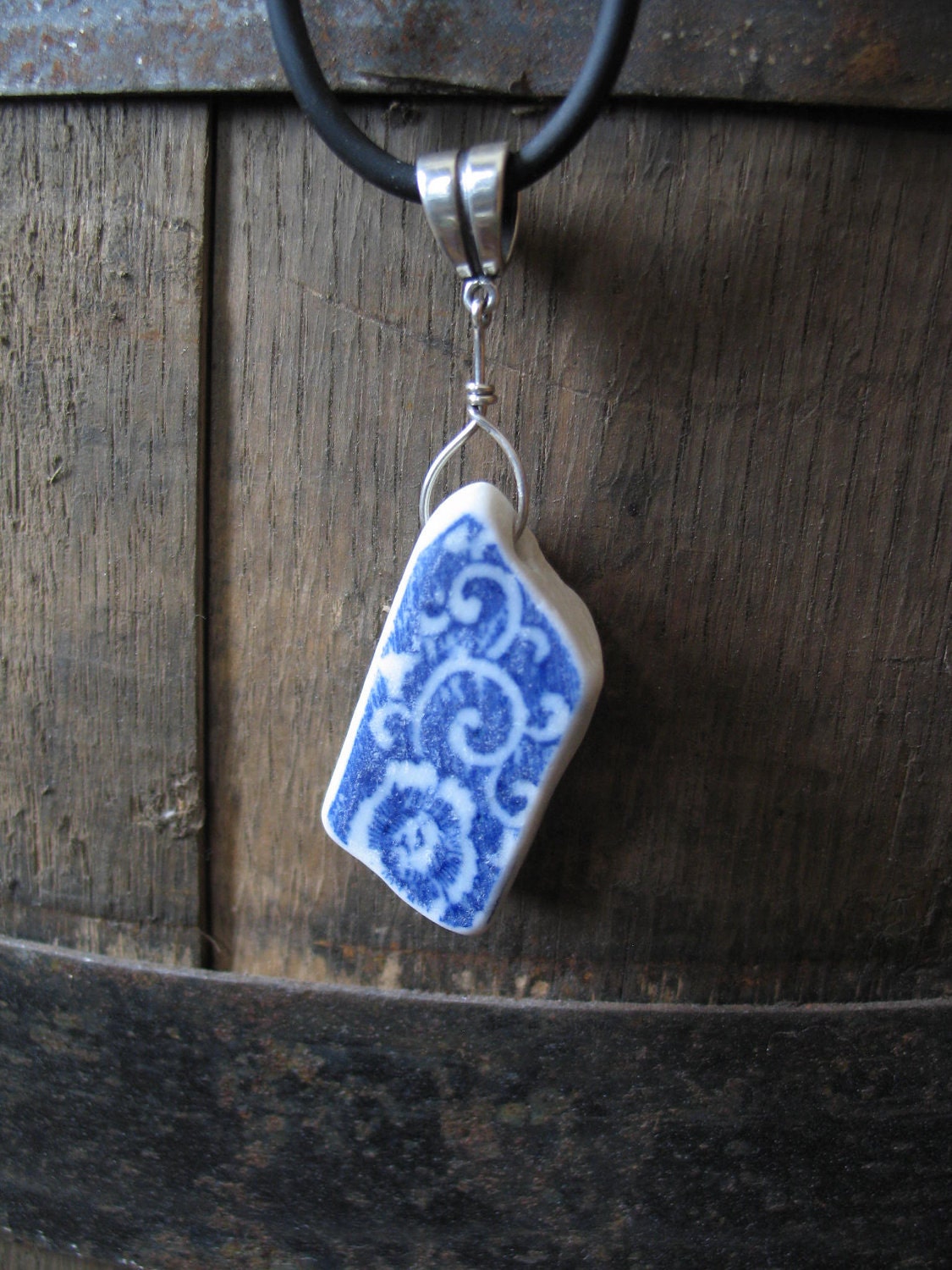 Wedgwood Blue Salt Water Ceramic Beach Pottery & Sterling Silver Pendant