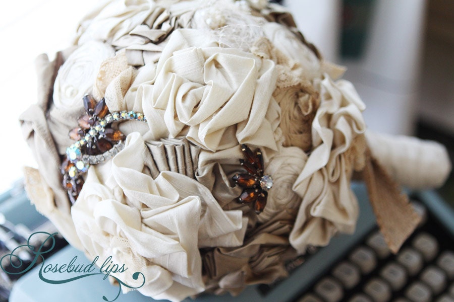 Flower Bridal Bouquet, Weddings, Vintage Wedding, Fabric Flowers Bouquet- Unique Wedding Bouquet- Ready to SHIP