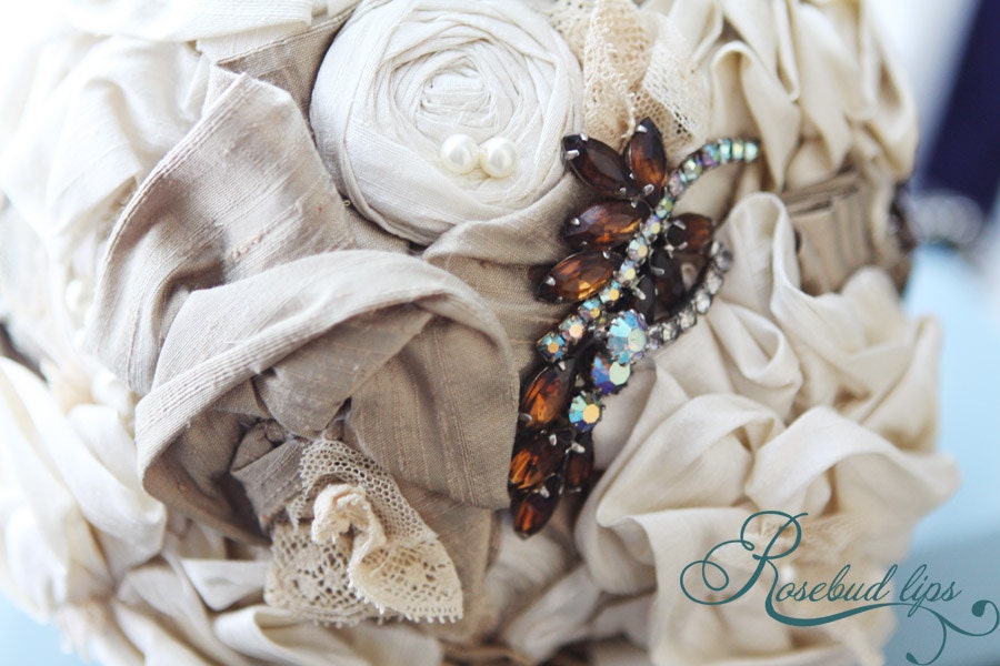 Flower Bridal Bouquet, Weddings, Vintage Wedding, Fabric Flowers Bouquet- Unique Wedding Bouquet- Ready to SHIP