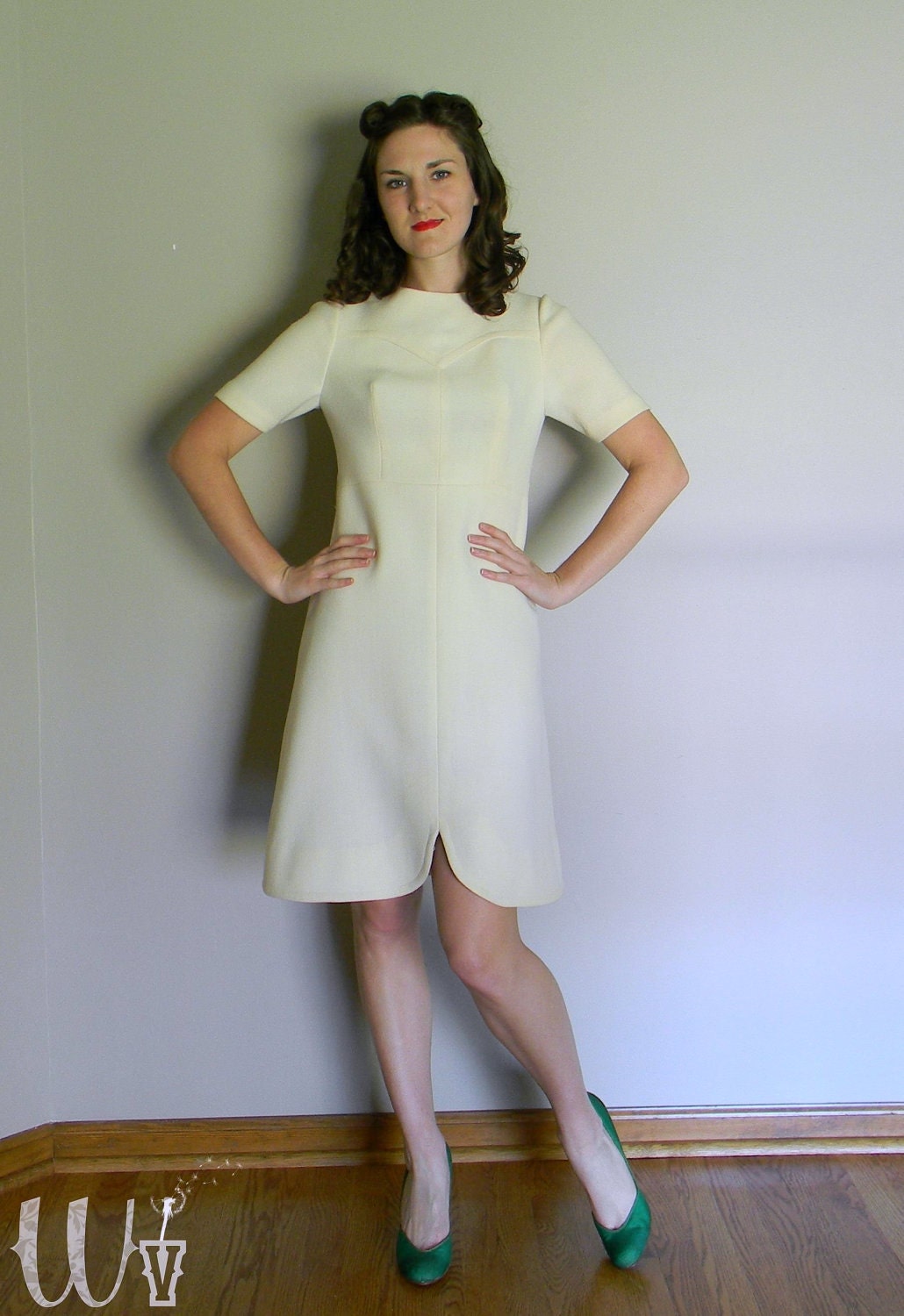 60's Mod Dress / Vintage Cream Wool Scooter Dress Japanese
