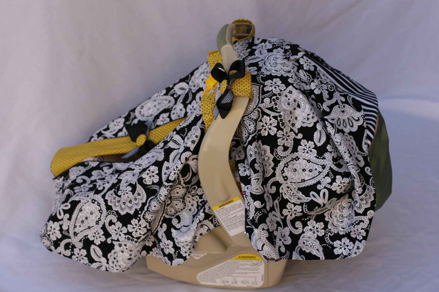 JENROSTANCH - custom listing-NEW -Carseat Canopy- with zip opening- Black Damask and yellow/black polka dots