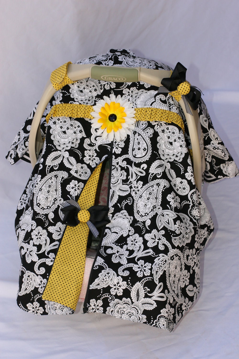 JENROSTANCH - custom listing-NEW -Carseat Canopy- with zip opening- Black Damask and yellow/black polka dots