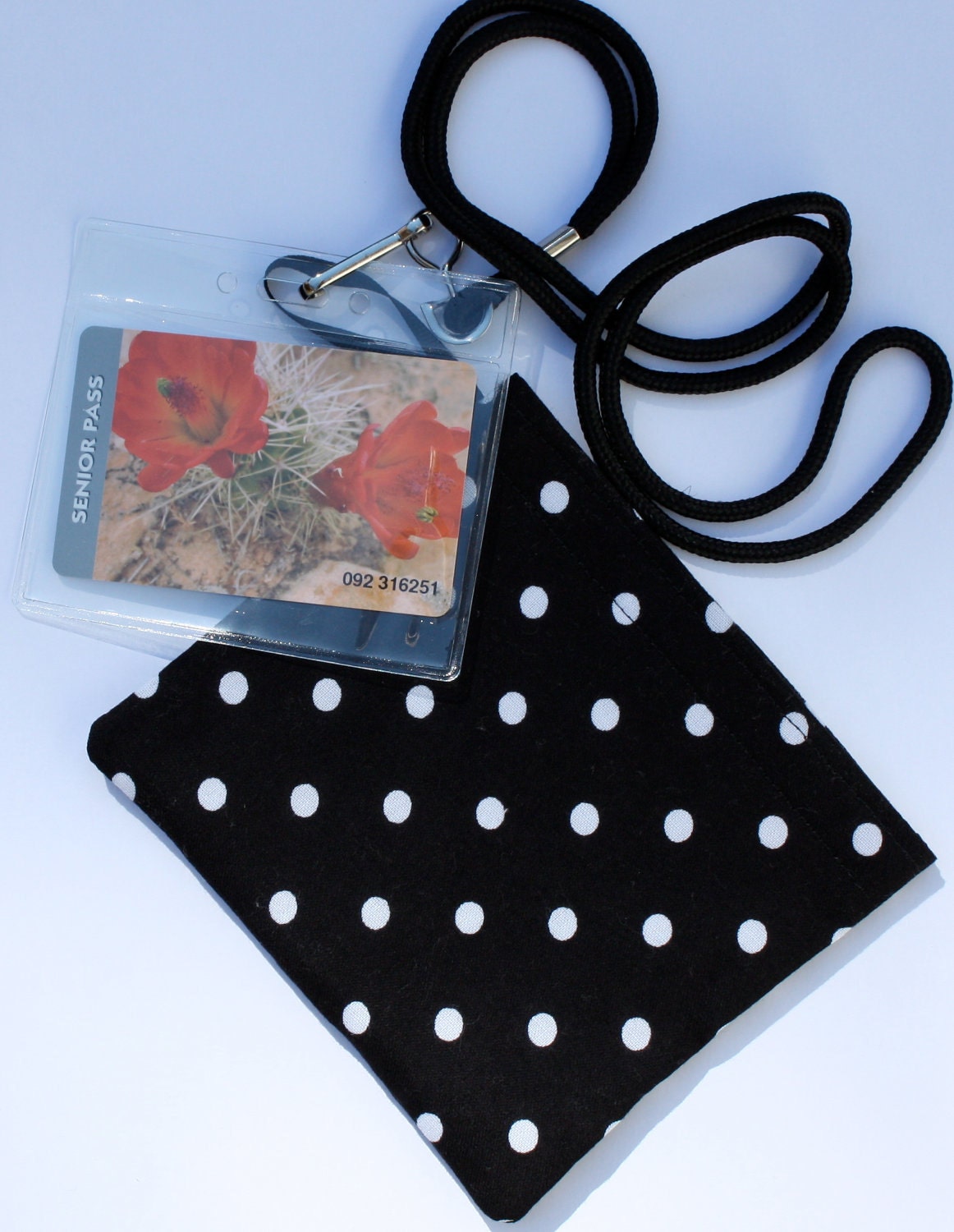Lanyard Pouch and ID or Pass Set Black with White Dots