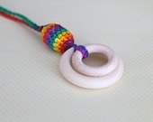 Teething rings nursing necklace with crochet wooden olive, multicolor teething toy.