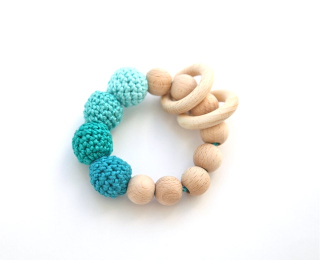Green mint, magic mint, Tiffany blue, teal, Persian green teething ring toy with crochet wooden beads. Rattle for baby.