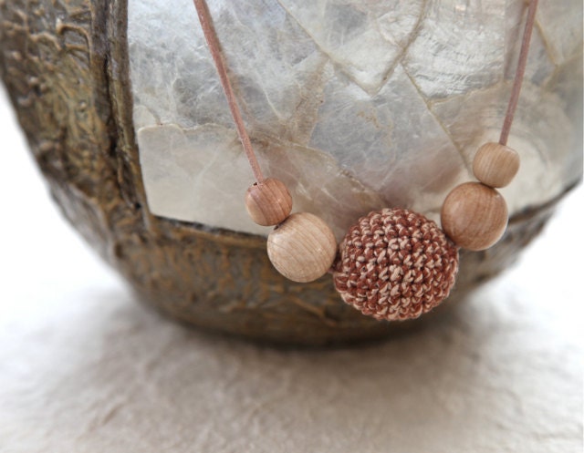 Cappuccino. Beige crochet necklace/ pendant whit wooden beads and leather lace, ready to ship.