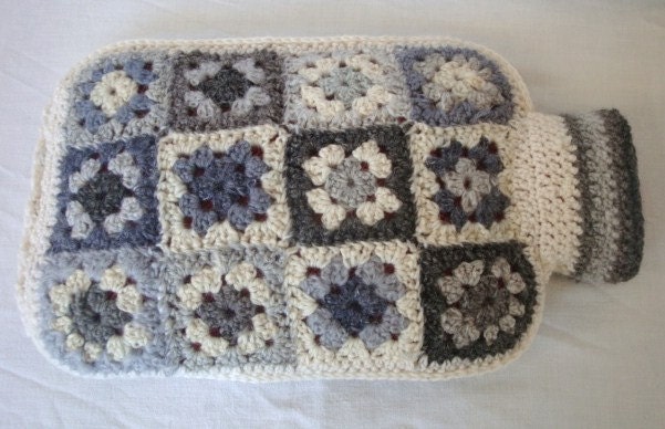 Hot Water Bottle Cover - Crochet granny squares. Wintery Cream and Grey  - to keep snuggly. mother of pearl button closure at the bottom.