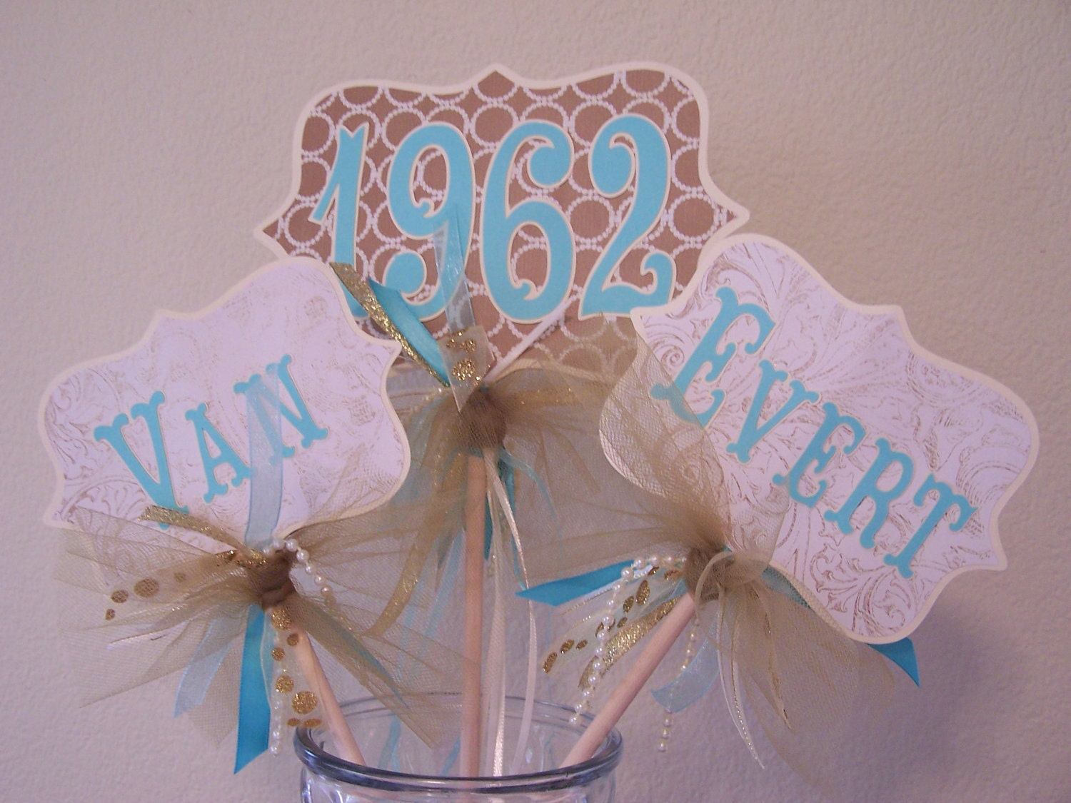 Anniversary Centerpiece Gold Golden 50th Large Picks Aqua Cream Decor Table