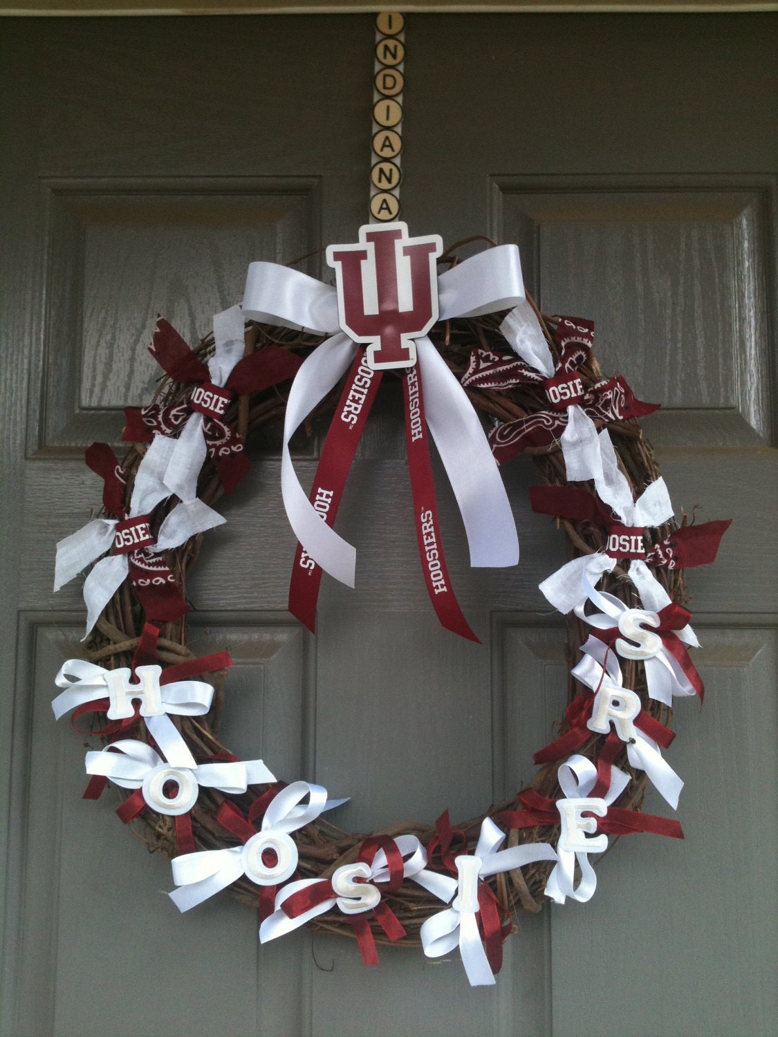 Indiana University wreath with monogrammed door hanger