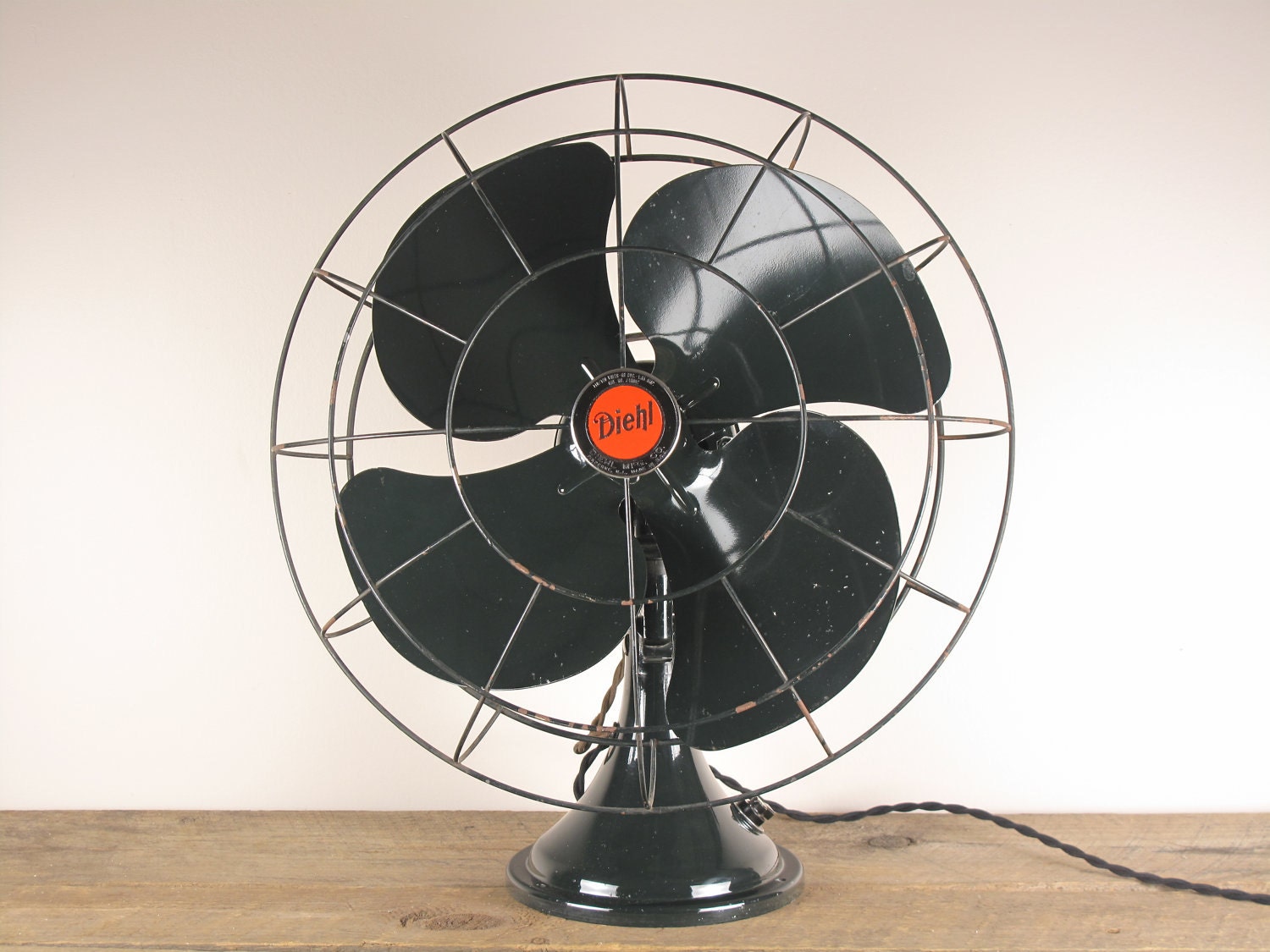 Vintage Large 1930's Diehl Oscillating Table Fan - All Original, Beautiful Vintage Paint, Rewired - Absolutely Lovely Industrial Chic