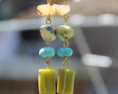Earrings,Brass wire linked, Turquoise, Yellow Turquoise, Orange Jade, Green Bamboo coral.