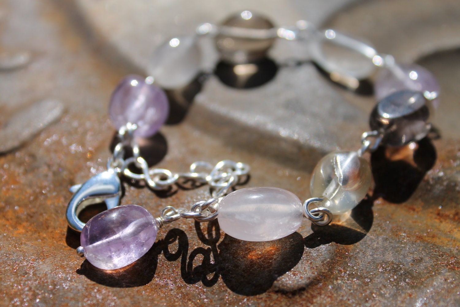 Purple Fluorite ,Silver colour wire linked Bracelet, size 7.5"-9.5" long