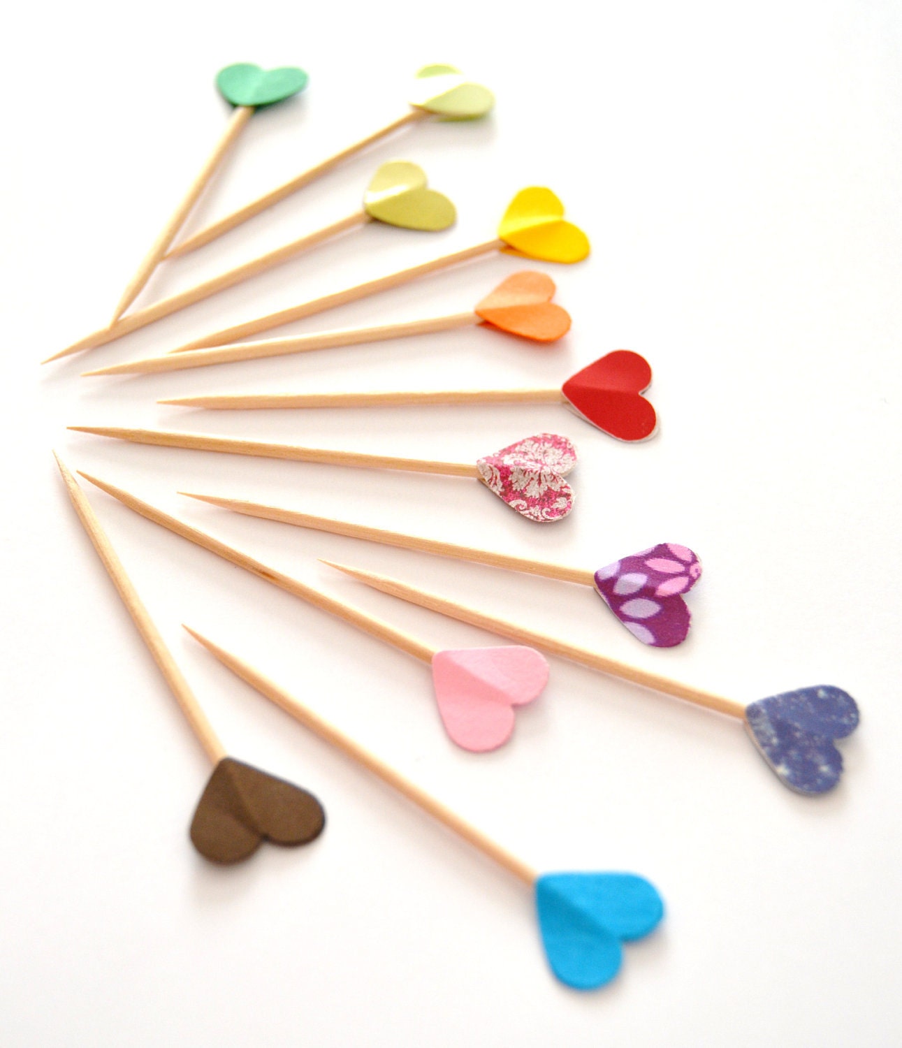 15 Party Picks Cupcake Toppers - Rainbow Colorful Hearts