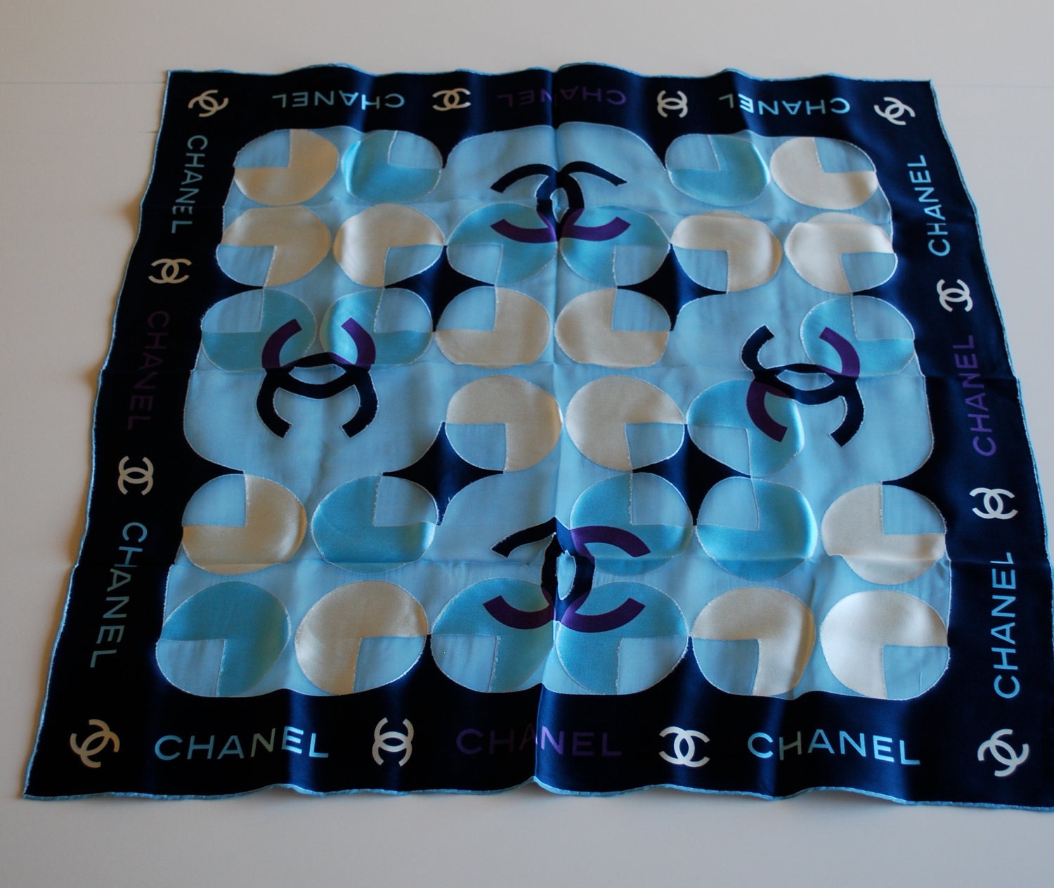 Vintage CHANEL Silk blend Scarf in Navy and Powder Blue