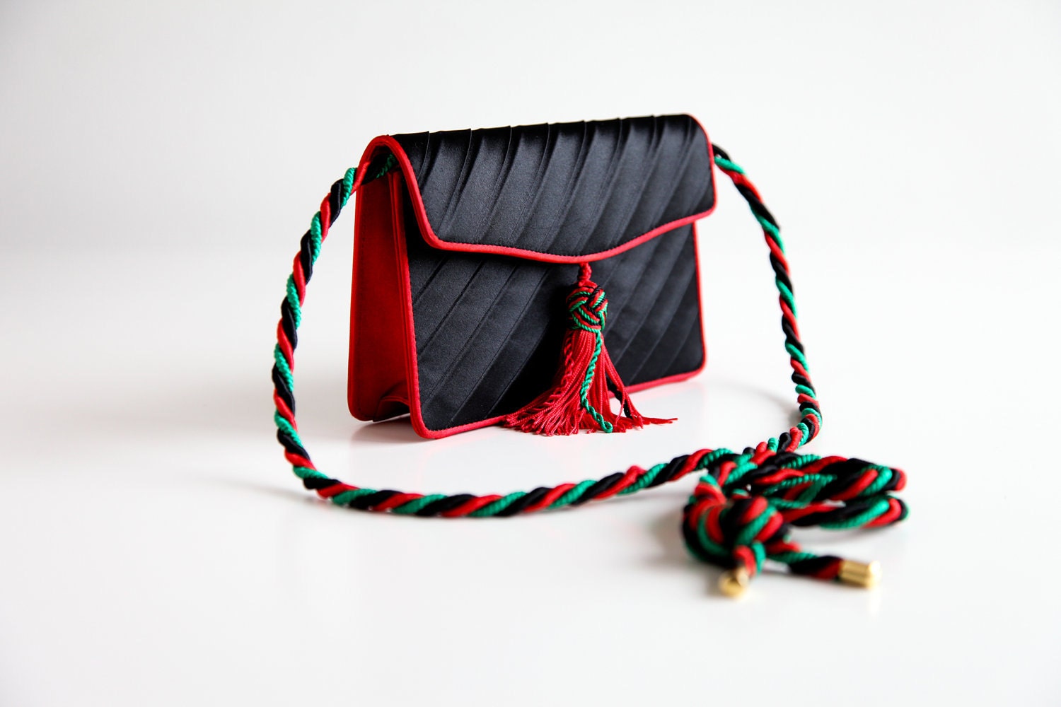 Black Satin Bottega Veneta Envelope Flap Purse with Red Piping and Red Black and Green Rope Strap