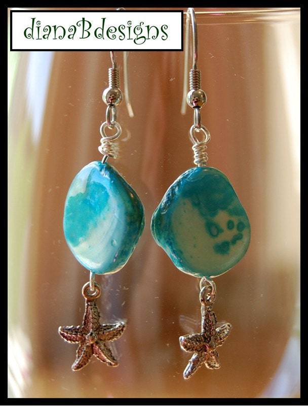 Sand and Surf abalone shell starfish earrings turquoise pewter vacation beach ocean summer SALE PRICED