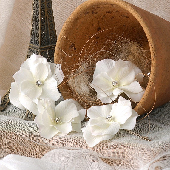 Wedding Bobby Pins - Woodland Flower Hair Accessories - Hydrangea Hair Pins - Ivory Bridal Bobby Pins - Floral Hair Pieces - by VelvetTeacup
